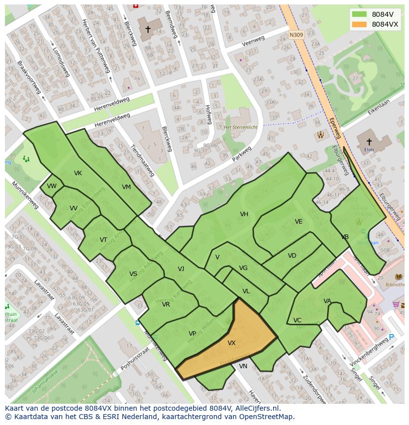 Afbeelding van het postcodegebied 8084 VX op de kaart.