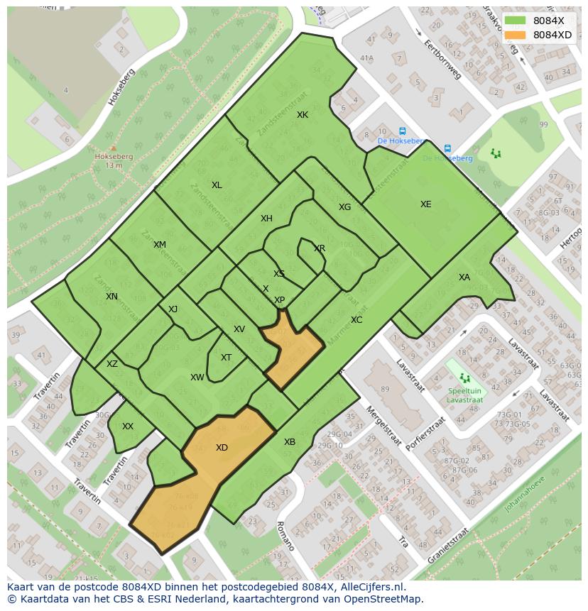 Afbeelding van het postcodegebied 8084 XD op de kaart.