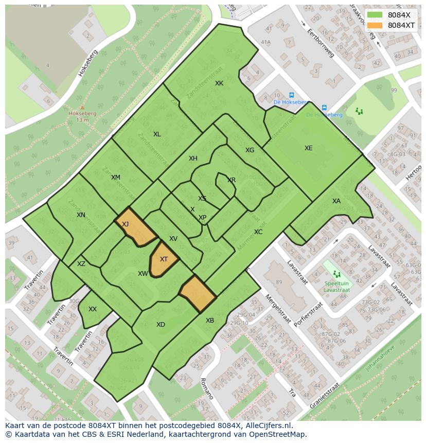 Afbeelding van het postcodegebied 8084 XT op de kaart.