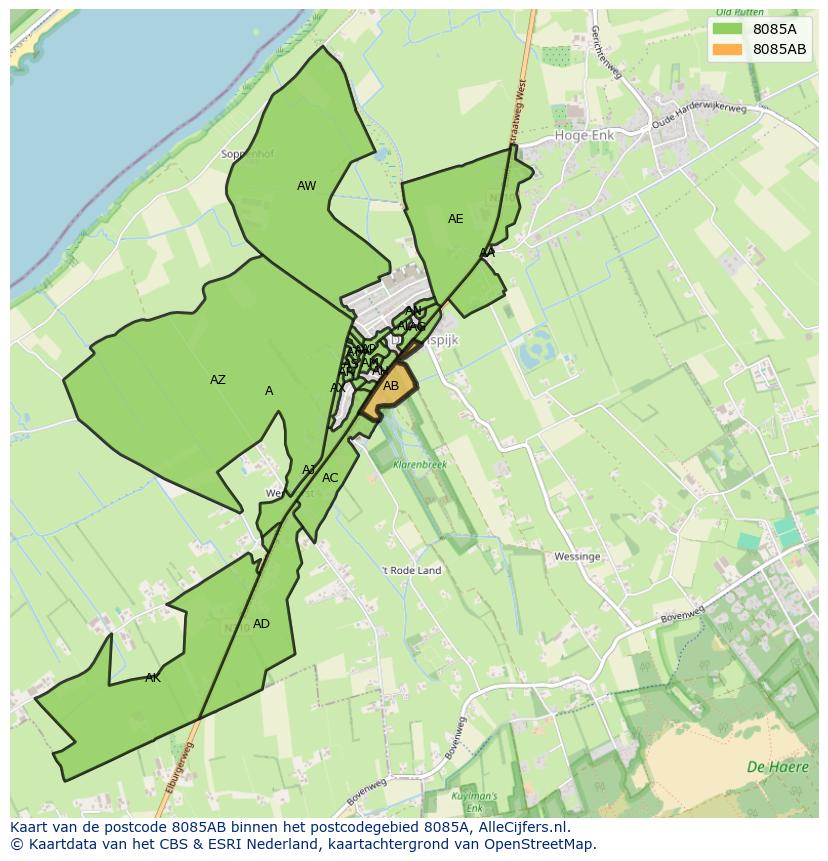 Afbeelding van het postcodegebied 8085 AB op de kaart.
