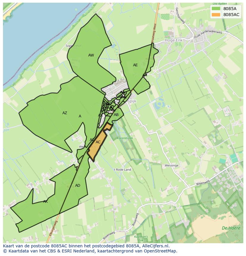 Afbeelding van het postcodegebied 8085 AC op de kaart.