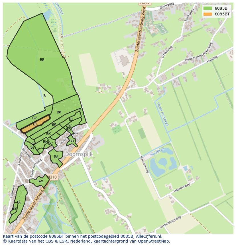 Afbeelding van het postcodegebied 8085 BT op de kaart.