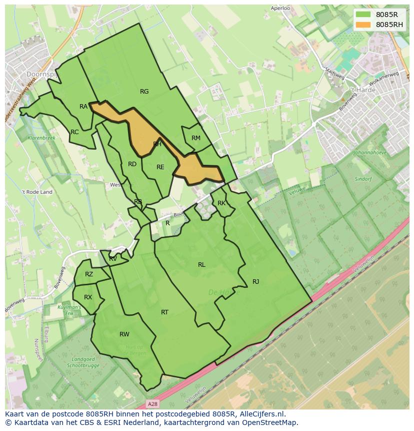 Afbeelding van het postcodegebied 8085 RH op de kaart.