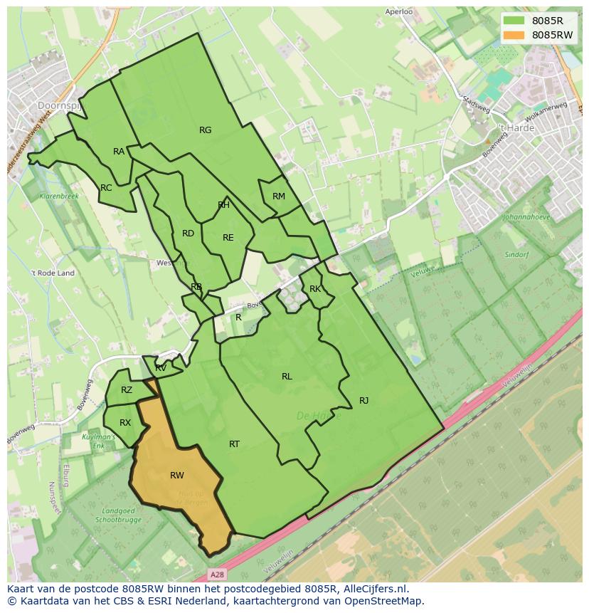 Afbeelding van het postcodegebied 8085 RW op de kaart.