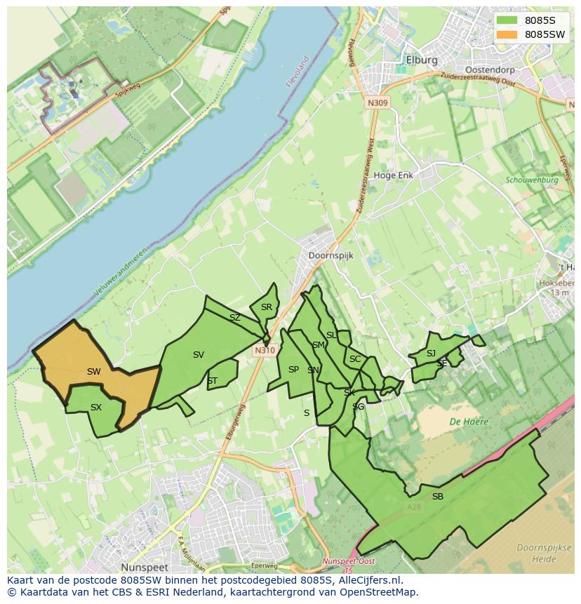 Afbeelding van het postcodegebied 8085 SW op de kaart.