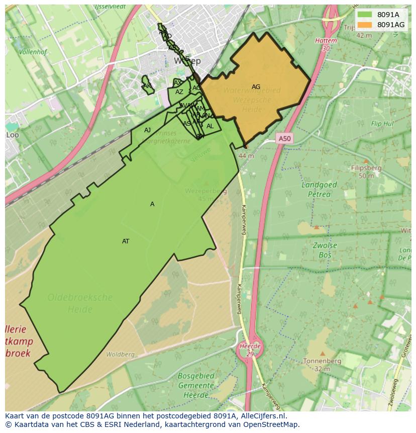 Afbeelding van het postcodegebied 8091 AG op de kaart.