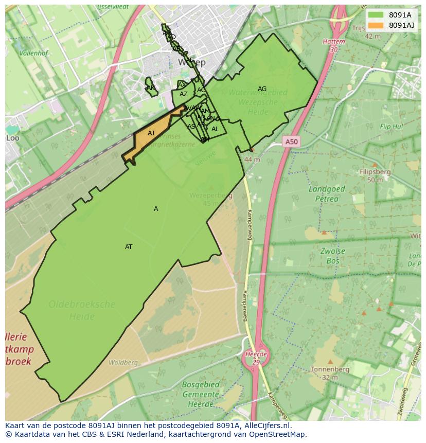 Afbeelding van het postcodegebied 8091 AJ op de kaart.