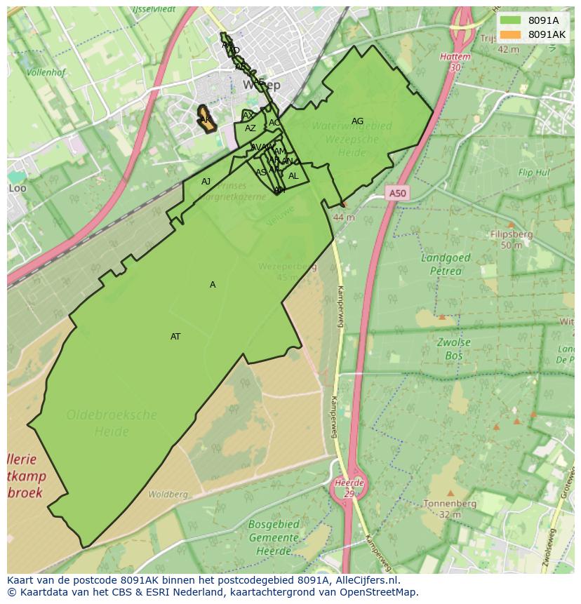Afbeelding van het postcodegebied 8091 AK op de kaart.
