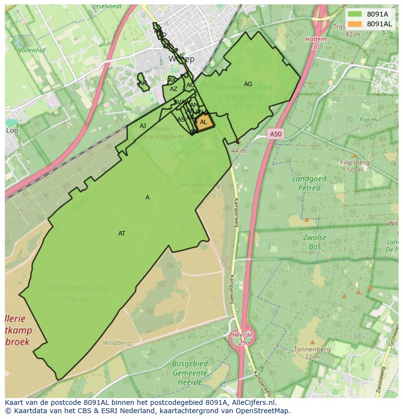Afbeelding van het postcodegebied 8091 AL op de kaart.