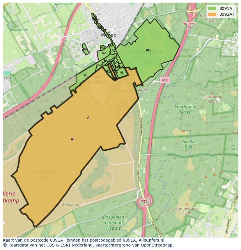 Afbeelding van het postcodegebied 8091 AT op de kaart.