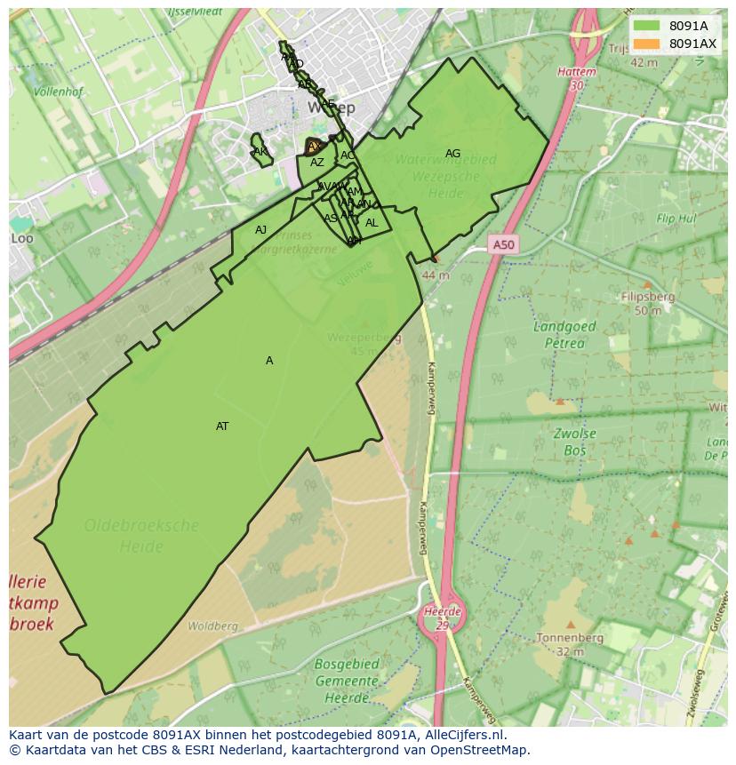 Afbeelding van het postcodegebied 8091 AX op de kaart.