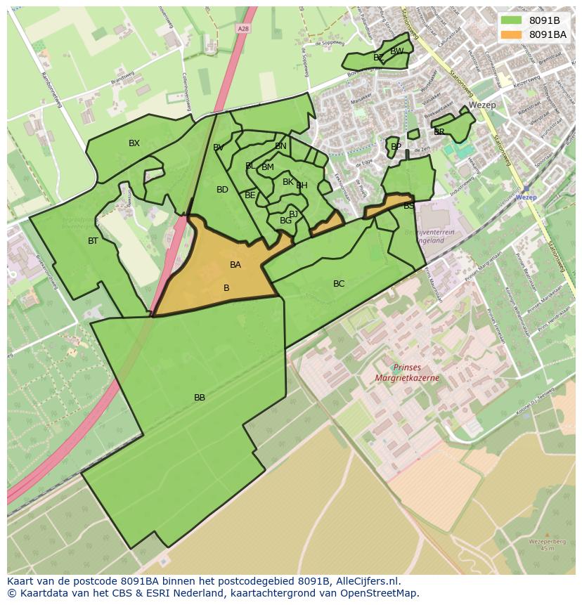 Afbeelding van het postcodegebied 8091 BA op de kaart.