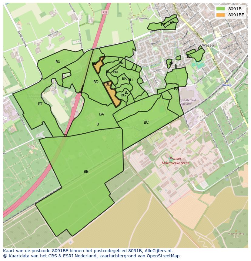 Afbeelding van het postcodegebied 8091 BE op de kaart.