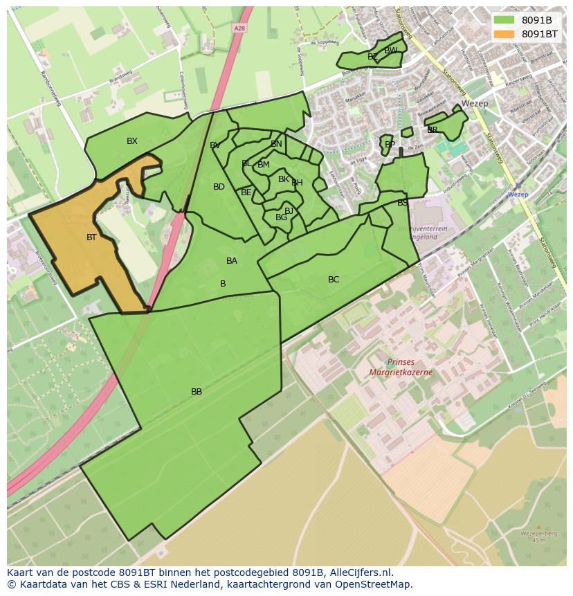 Afbeelding van het postcodegebied 8091 BT op de kaart.