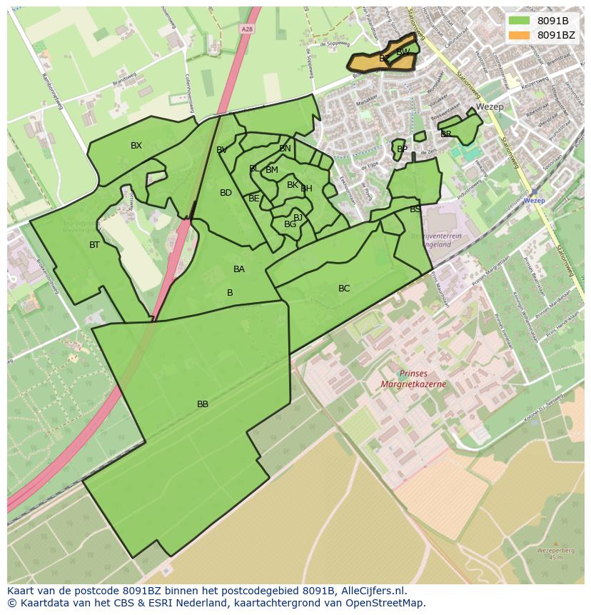 Afbeelding van het postcodegebied 8091 BZ op de kaart.