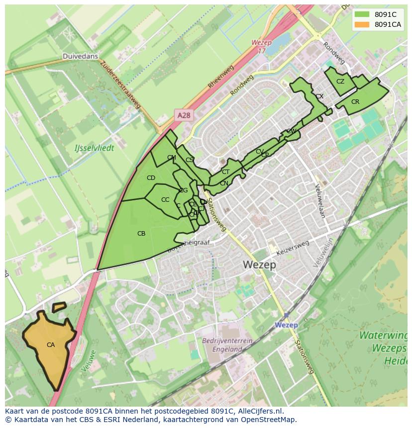 Afbeelding van het postcodegebied 8091 CA op de kaart.