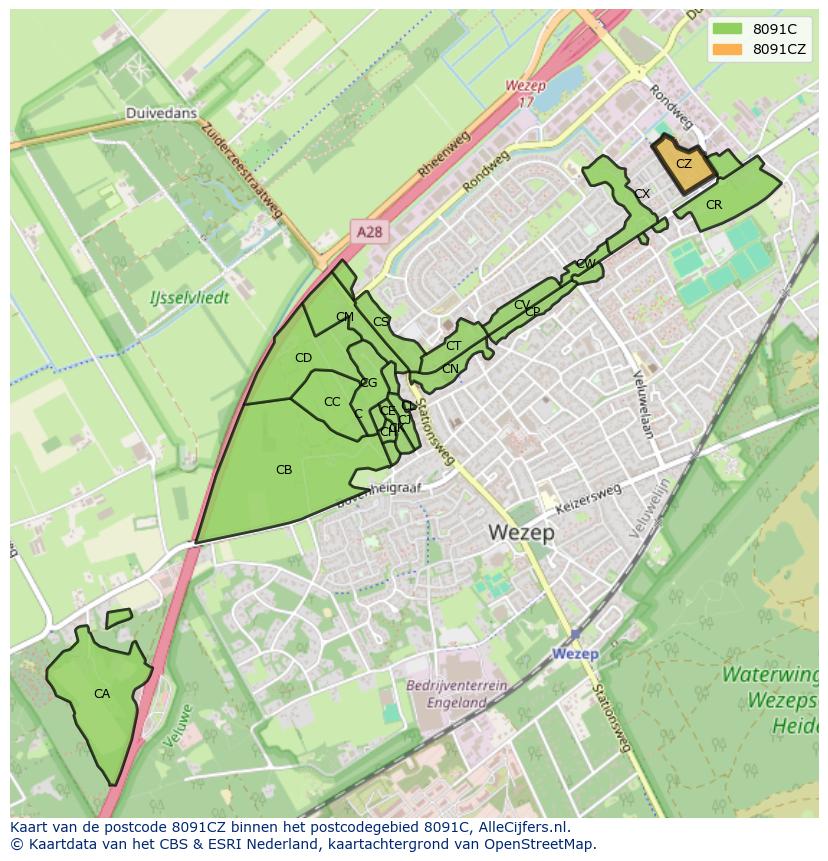 Afbeelding van het postcodegebied 8091 CZ op de kaart.