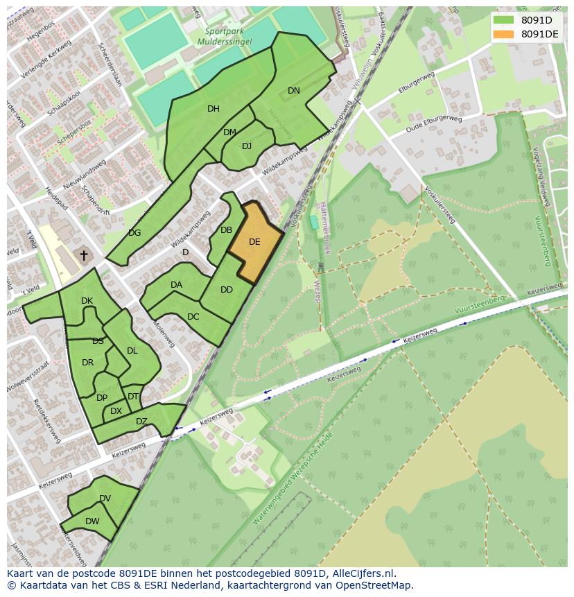 Afbeelding van het postcodegebied 8091 DE op de kaart.