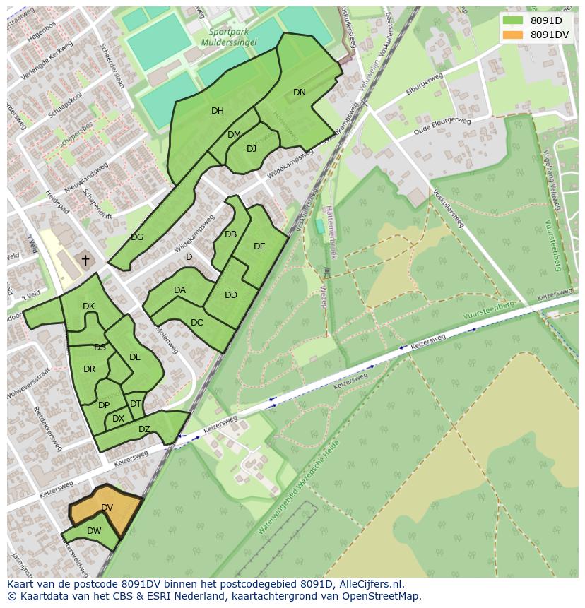 Afbeelding van het postcodegebied 8091 DV op de kaart.