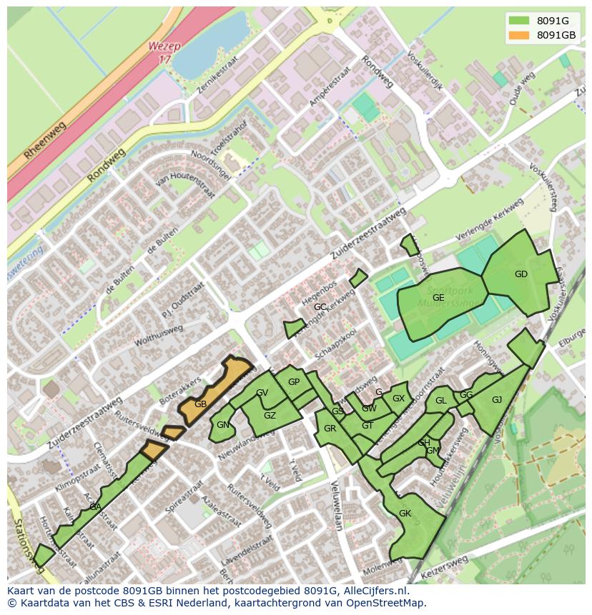 Afbeelding van het postcodegebied 8091 GB op de kaart.