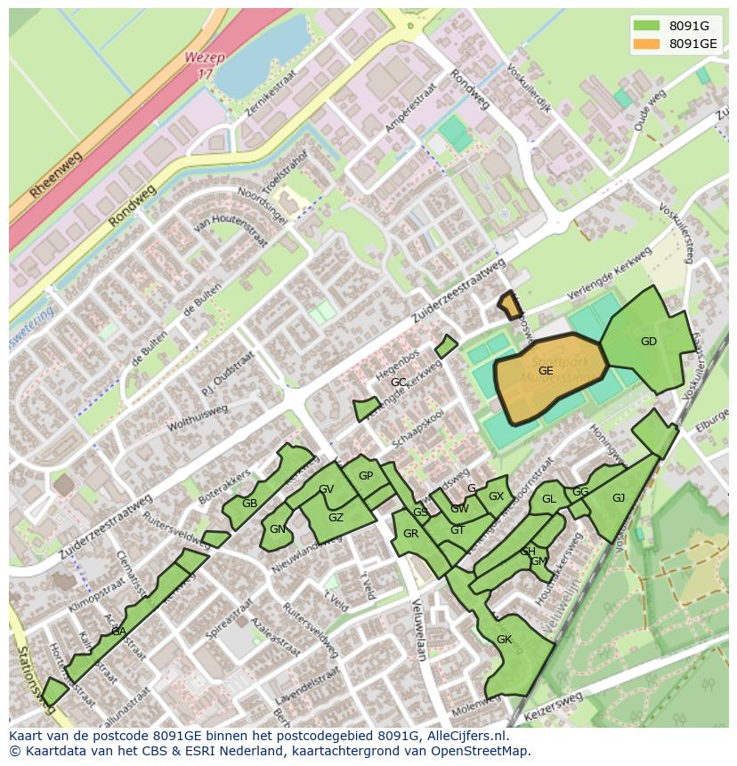 Afbeelding van het postcodegebied 8091 GE op de kaart.