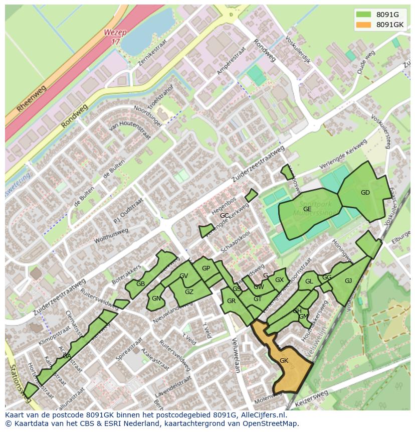 Afbeelding van het postcodegebied 8091 GK op de kaart.