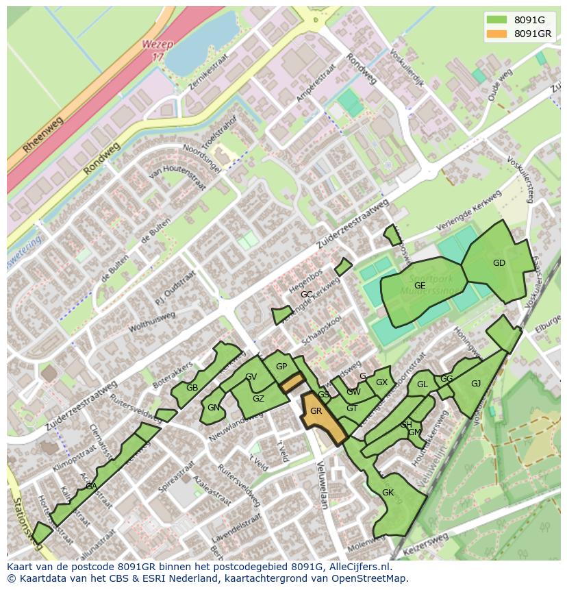 Afbeelding van het postcodegebied 8091 GR op de kaart.