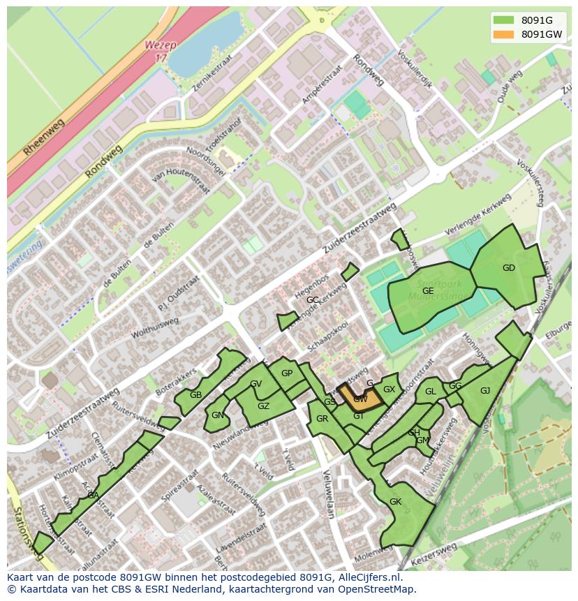 Afbeelding van het postcodegebied 8091 GW op de kaart.