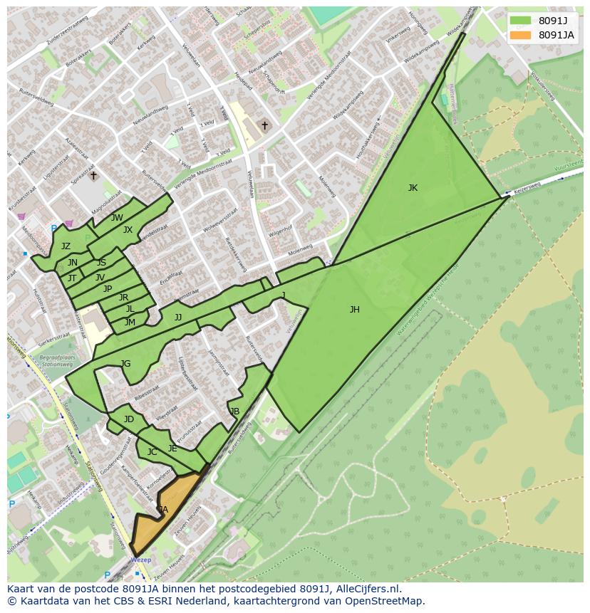 Afbeelding van het postcodegebied 8091 JA op de kaart.