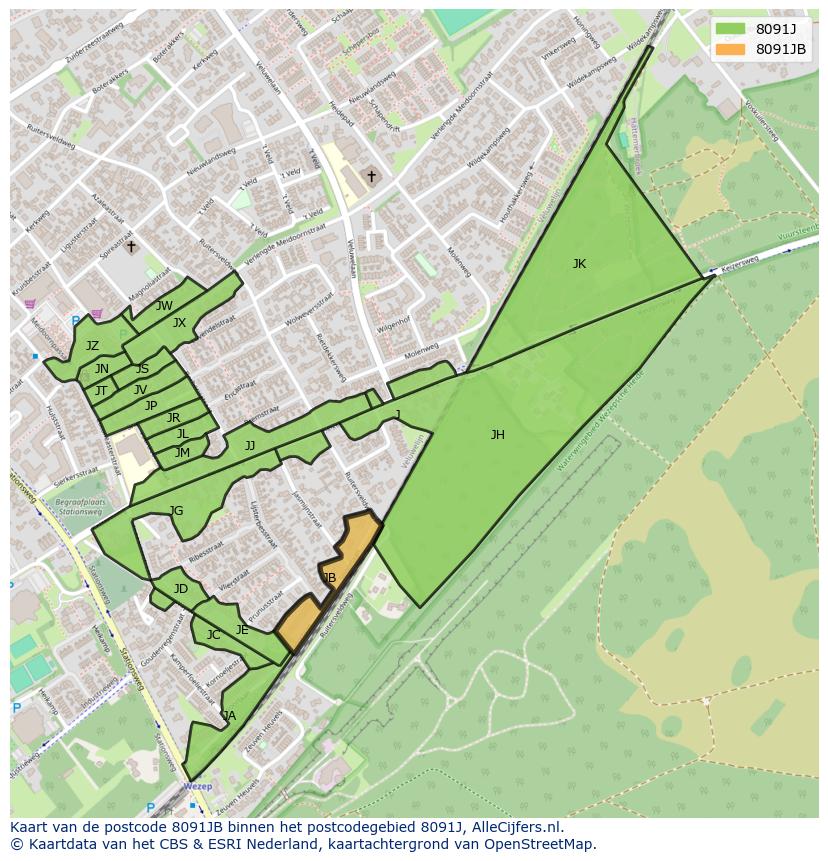 Afbeelding van het postcodegebied 8091 JB op de kaart.