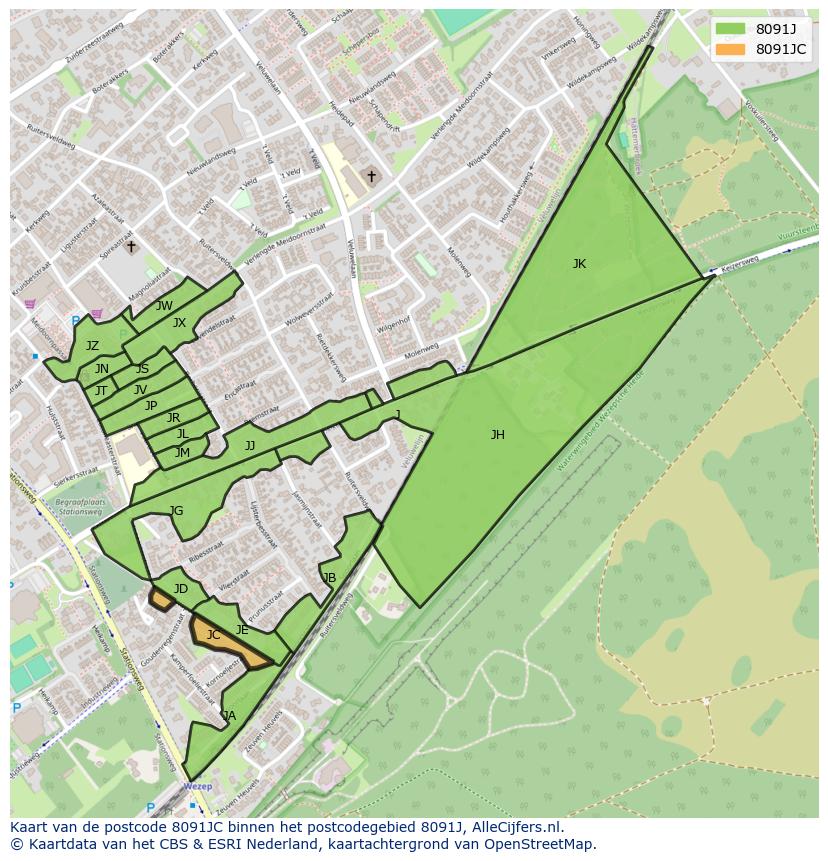 Afbeelding van het postcodegebied 8091 JC op de kaart.