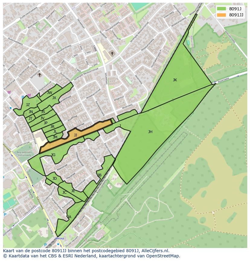 Afbeelding van het postcodegebied 8091 JJ op de kaart.