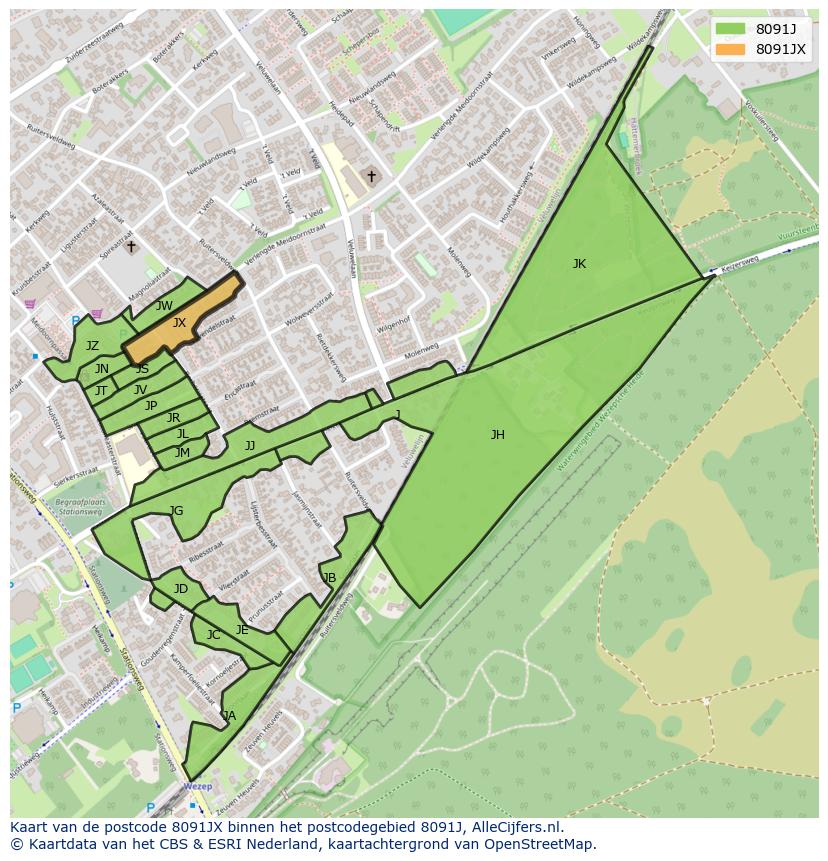 Afbeelding van het postcodegebied 8091 JX op de kaart.