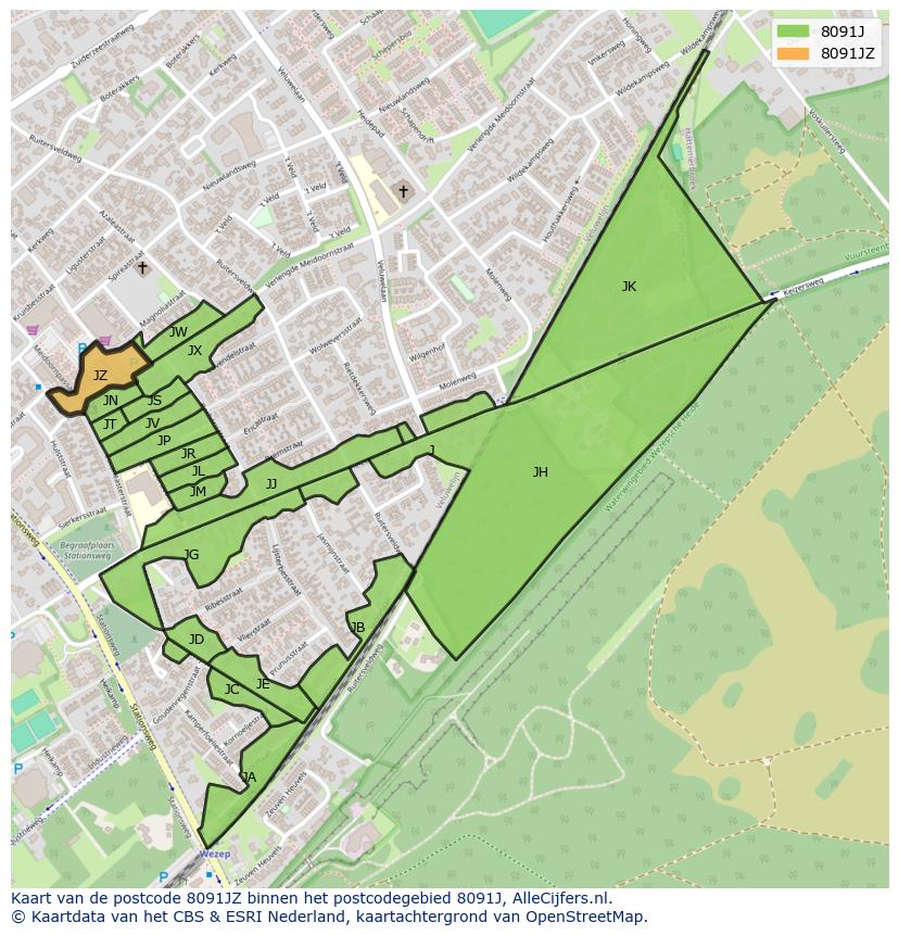 Afbeelding van het postcodegebied 8091 JZ op de kaart.