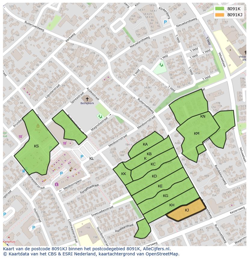 Afbeelding van het postcodegebied 8091 KJ op de kaart.