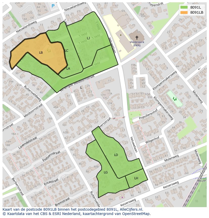 Afbeelding van het postcodegebied 8091 LB op de kaart.
