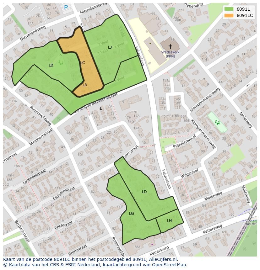 Afbeelding van het postcodegebied 8091 LC op de kaart.