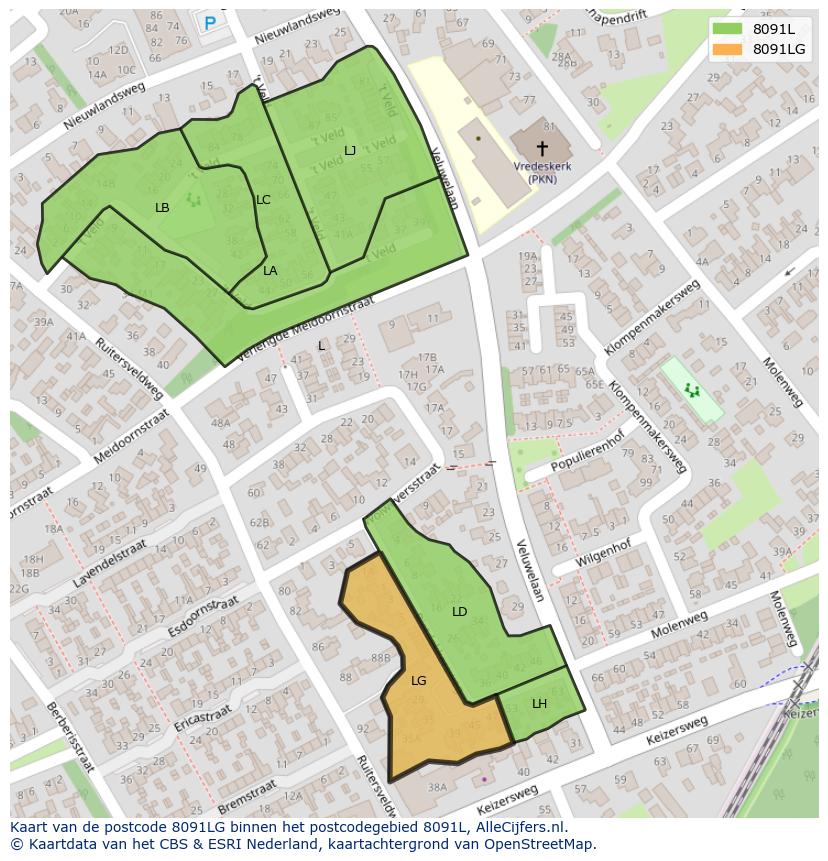 Afbeelding van het postcodegebied 8091 LG op de kaart.