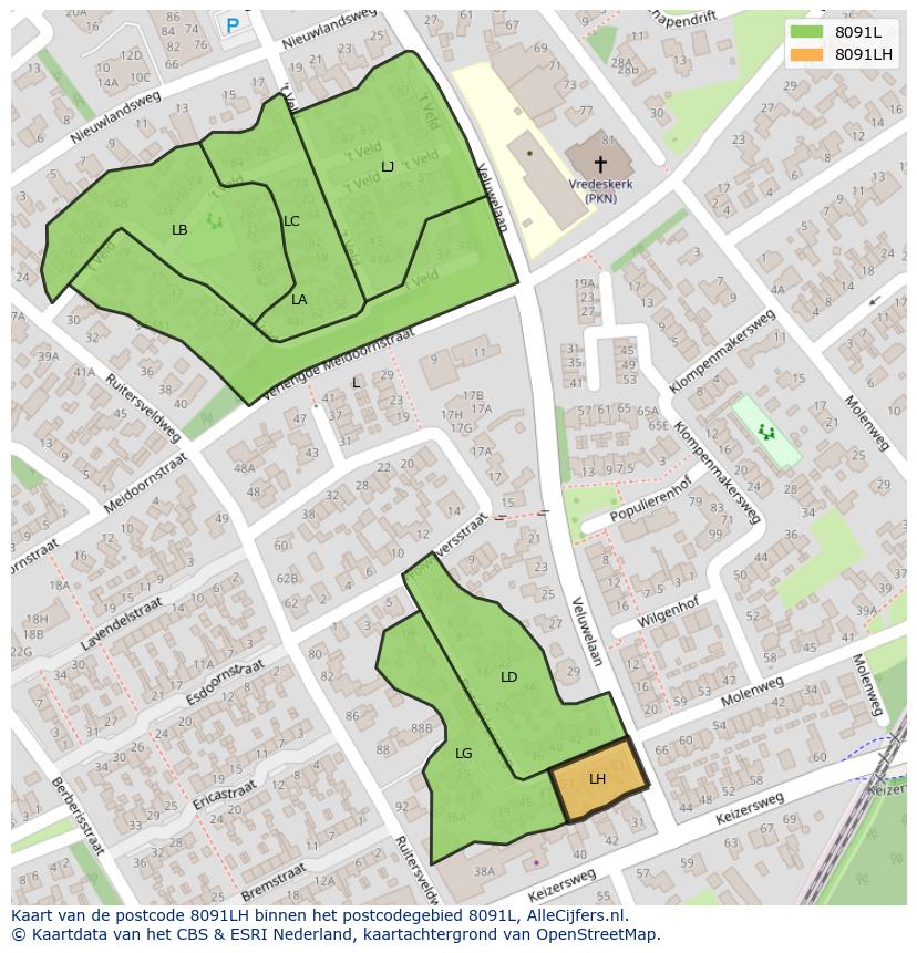 Afbeelding van het postcodegebied 8091 LH op de kaart.
