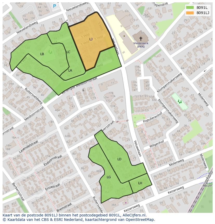 Afbeelding van het postcodegebied 8091 LJ op de kaart.
