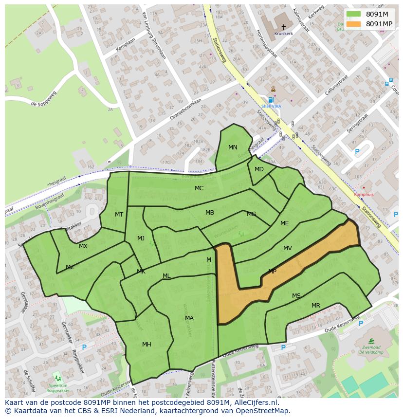 Afbeelding van het postcodegebied 8091 MP op de kaart.