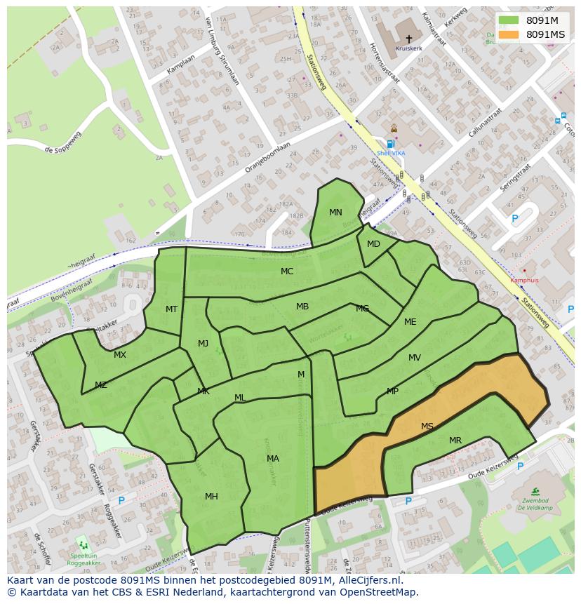 Afbeelding van het postcodegebied 8091 MS op de kaart.