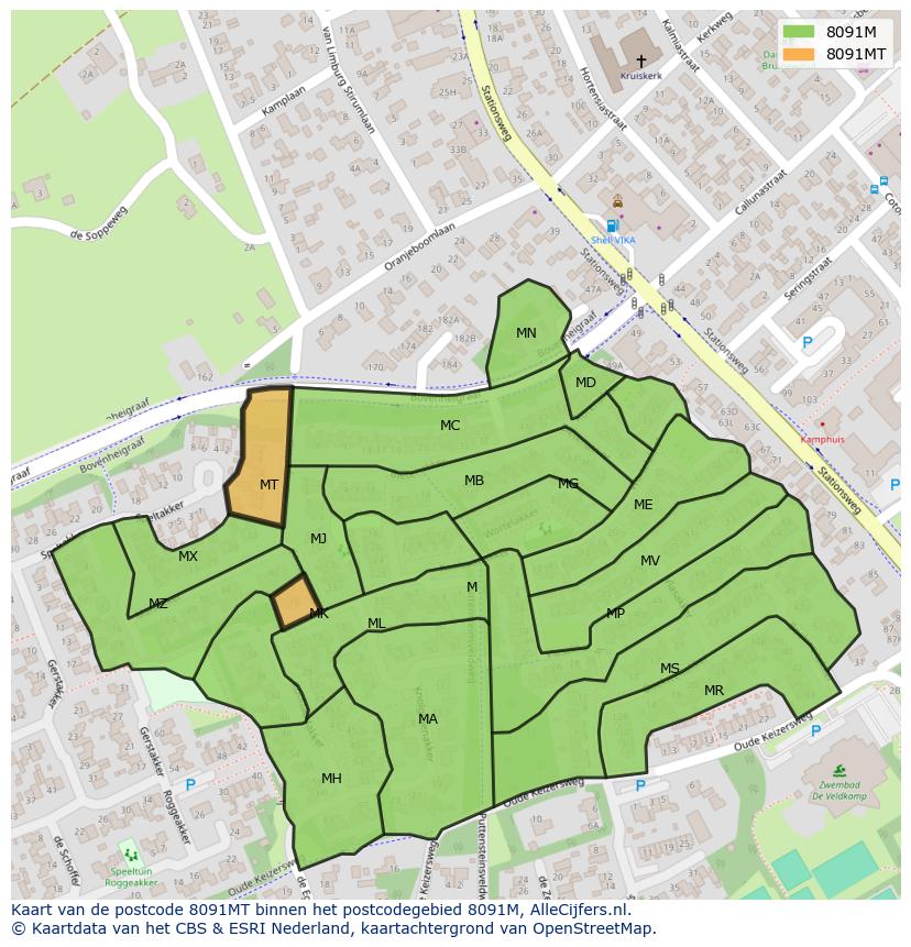 Afbeelding van het postcodegebied 8091 MT op de kaart.