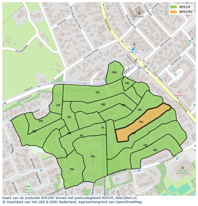 Afbeelding van het postcodegebied 8091 MV op de kaart.