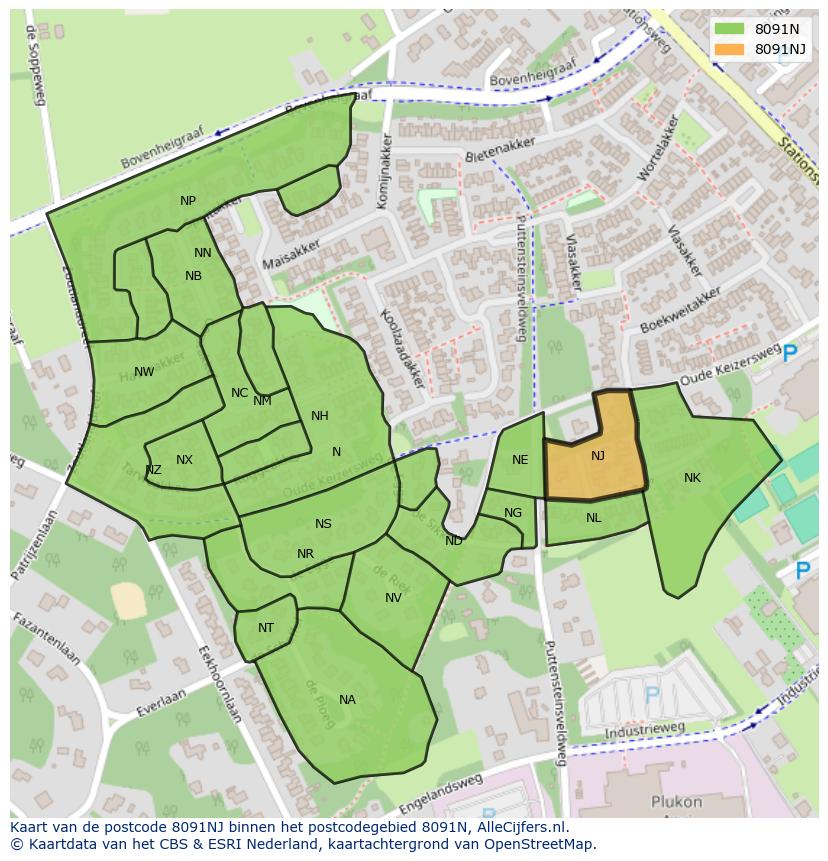 Afbeelding van het postcodegebied 8091 NJ op de kaart.