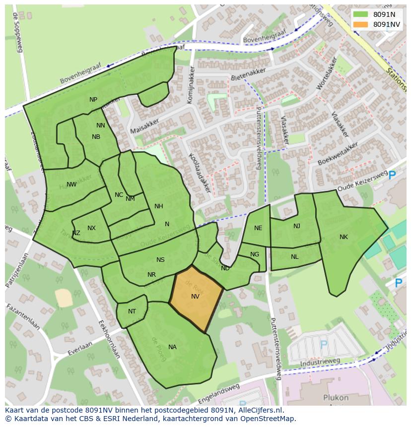 Afbeelding van het postcodegebied 8091 NV op de kaart.