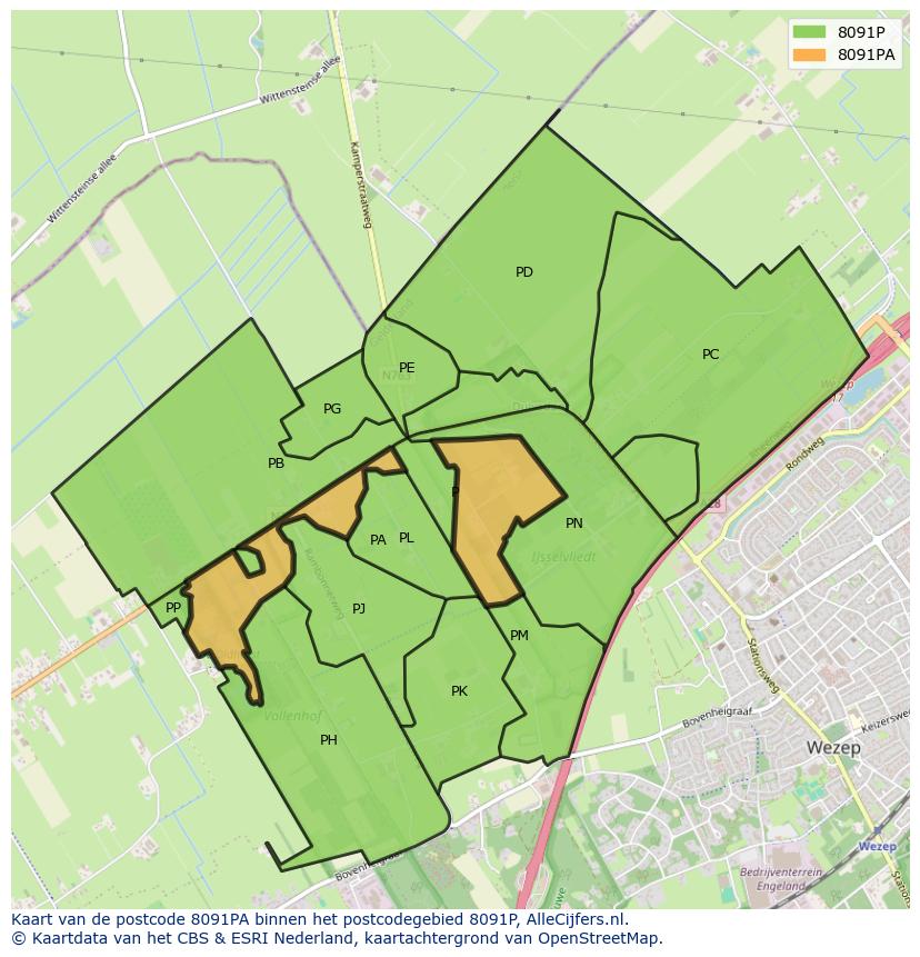 Afbeelding van het postcodegebied 8091 PA op de kaart.