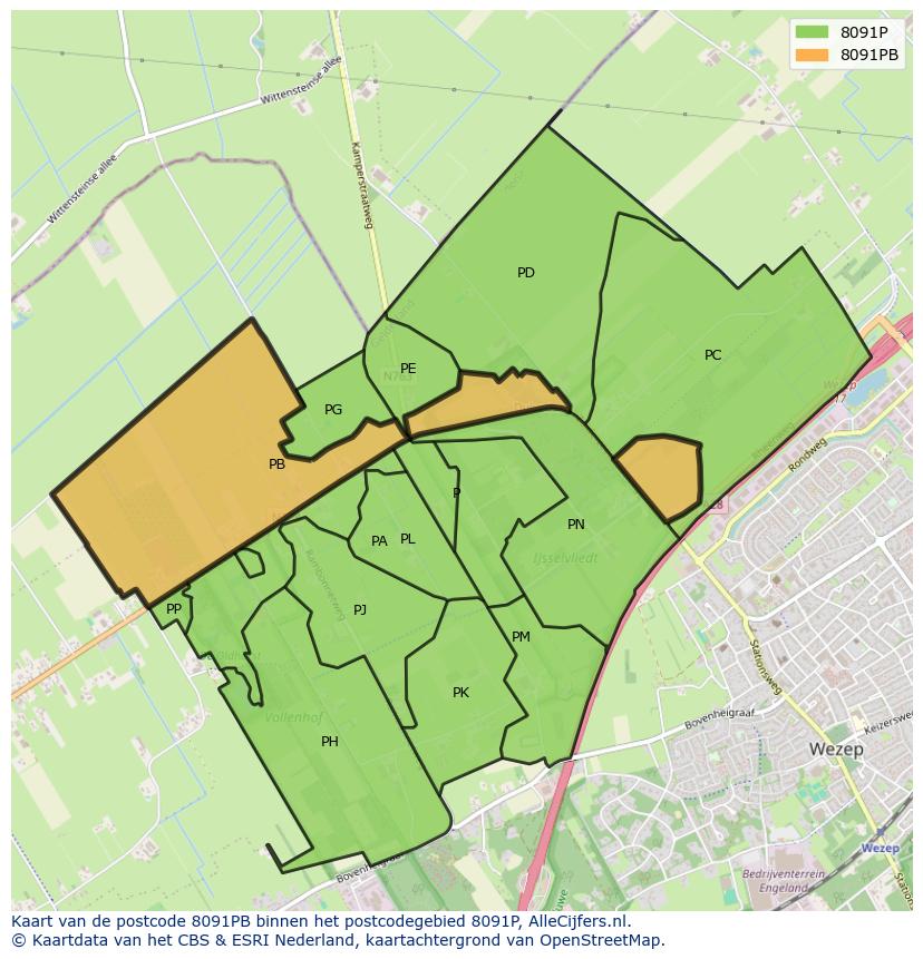 Afbeelding van het postcodegebied 8091 PB op de kaart.