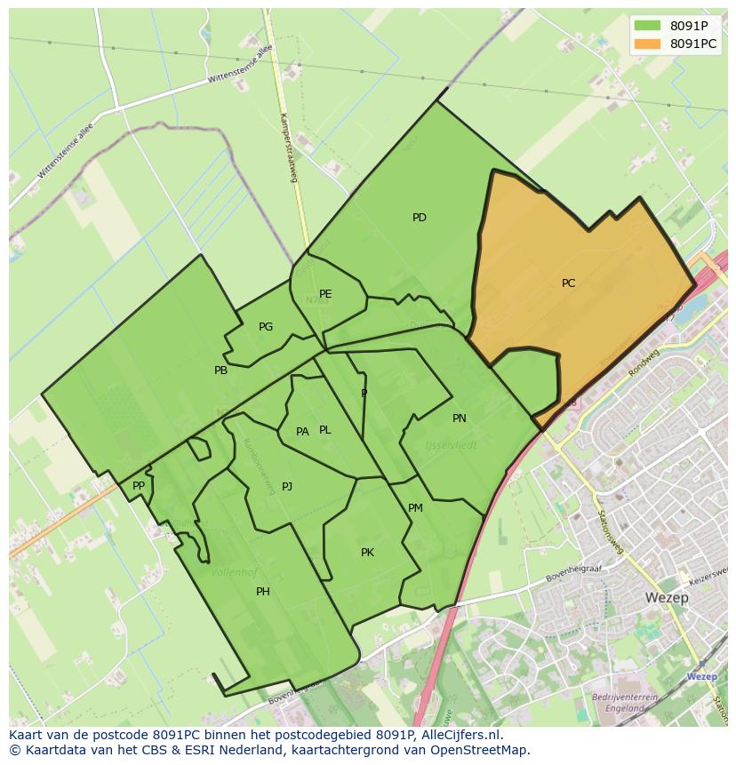 Afbeelding van het postcodegebied 8091 PC op de kaart.