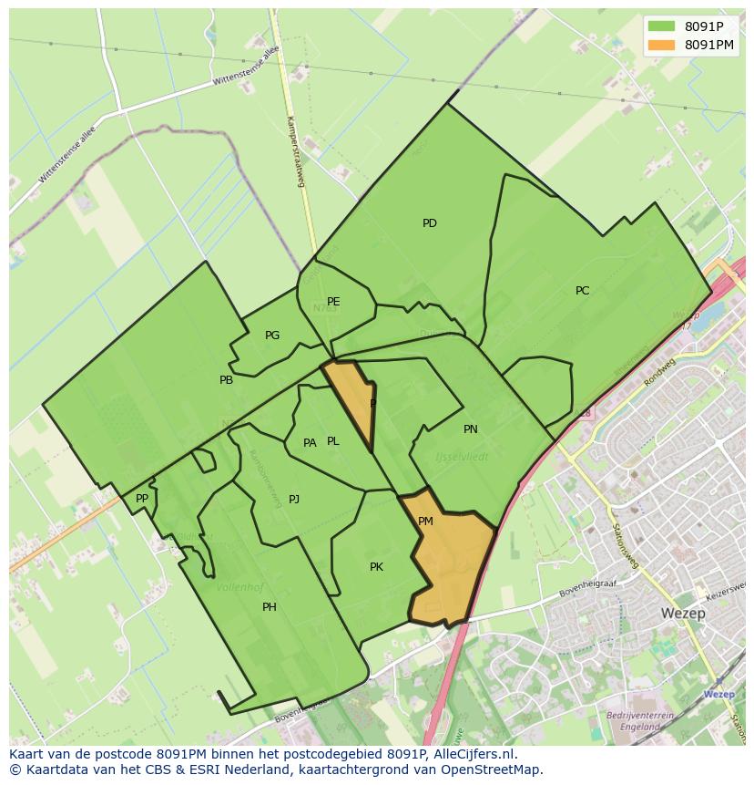 Afbeelding van het postcodegebied 8091 PM op de kaart.